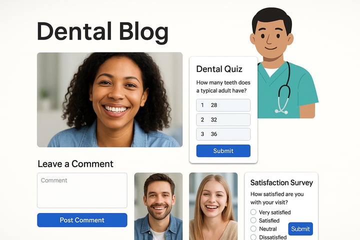 A dental blog page with interactive elements like a comment box quiz popup and survey form Include smiling patients and a friendly dentist avatar