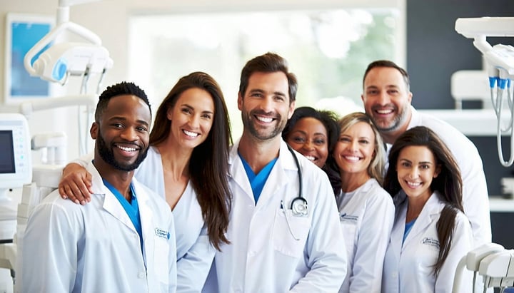 A diverse group of dentists standing together in white coats smiling bright professional environment celebrating teamwork