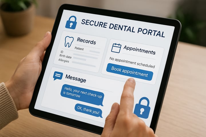 A patient accessing a secure dental portal on a tablet viewing records booking appointments and messaging the dentist Include locksecurity icons to suggest privacy-1