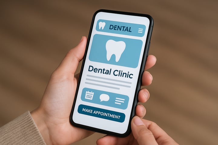 A person browsing a dental website on a smartphone with responsive design elements adjusting to screen size Include dental icons like a tooth calendar and chat bubble
