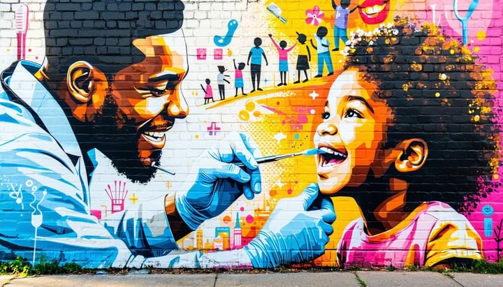 A vibrant multicolored mural adorns a brick wall depicting diverse dental professionals working together in a harmonious environment In the foreground a Black dentist attentively examines a young Hispanic patients teeth both sharing a warm smile Surr-2