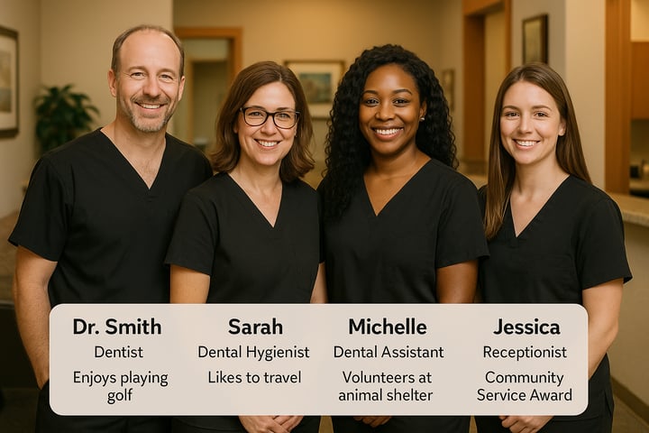 A warm team photo of dental staff with short bios underneath set in a welcoming office environment Include personal touches like hobbies or community awards