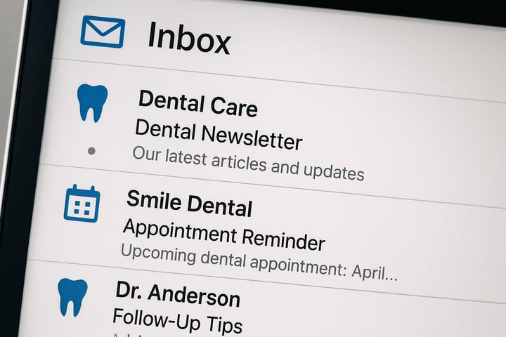 An email inbox showing a dental newsletter appointment reminder and followup tips Include icons for email calendar and dental care-1