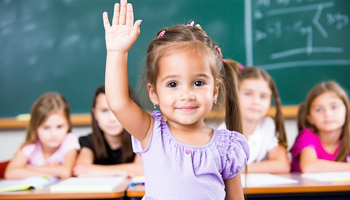 Cute girl raising hand during lesson in classroom-1