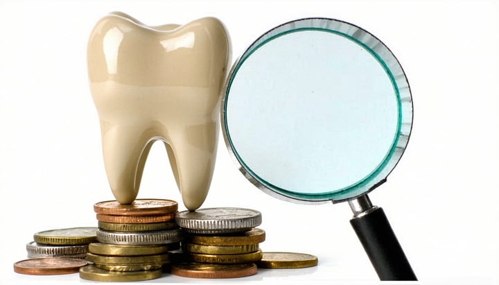 a Tooth sitting on a stack of coins with a Magnifying Glass magnifying the tooth the image should be bright and light-1