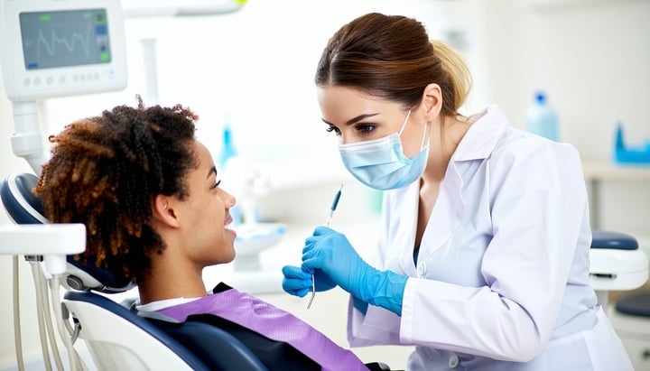 a dental hygienist helping a patient in a dental chair both people are pictured-1