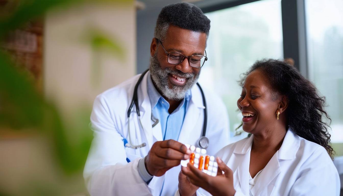 a doctor showing medication to a patient, both are smiling