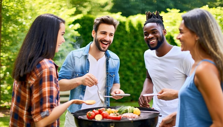 a group of smiling friends are talking and standing around a bbq grill on a sunny day in a backyard-3