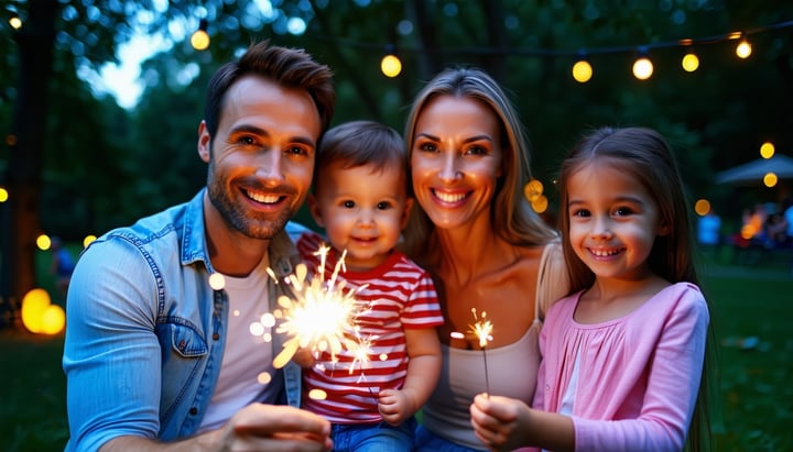 a happy family at a park holding sparklers during a nighttime celebration