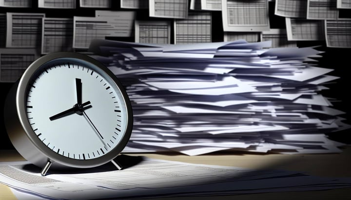 a modern clock in the foreground and paperwork in the background-1