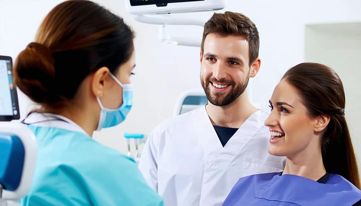 a patient at a dental office talking to a male and a female worker-Jun-12-2025-06-06-54-9241-PM