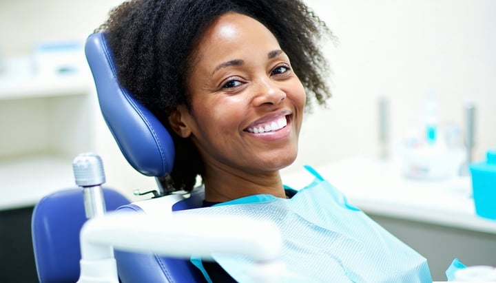 a smiling black lady in a dentist chair-1