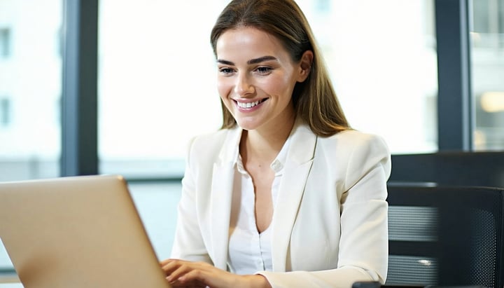 a smiling female insurance agent looking at a laptop