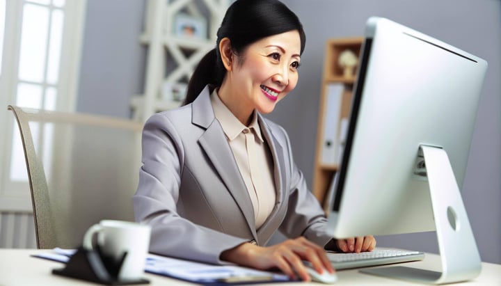 a smiling insurance agent looking at their computer