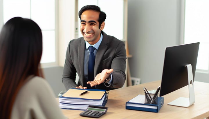 a smiling insurance agent meeting with a client-1