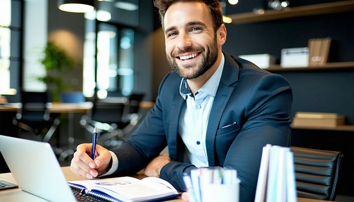 a smiling insurance agent planning at a desk-3