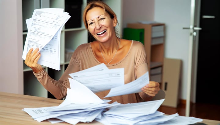 a smiling person looking at medical bills-3