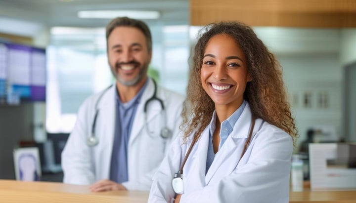 a smiling person standing at a doctors front desk-1