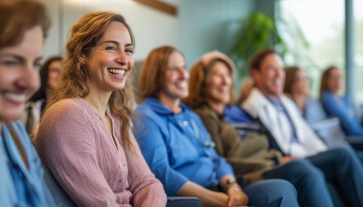 a waiting room at a doctors office full of smiling people-1