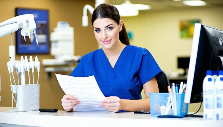 an employee working on paperwork at the front desk of a dental office-1