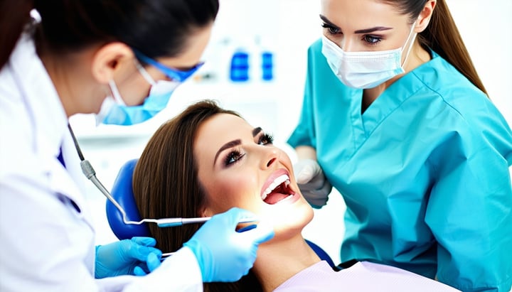 an image of both a dental assistant and a dentist helping a patient in a dental chair all 3 people are pictured-3