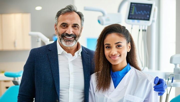 an middleaged dentist standing next to a diverse young dentist-2
