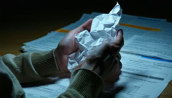 closeup of a persons hands holding crumpled paper surrounded by paperwork at night-1