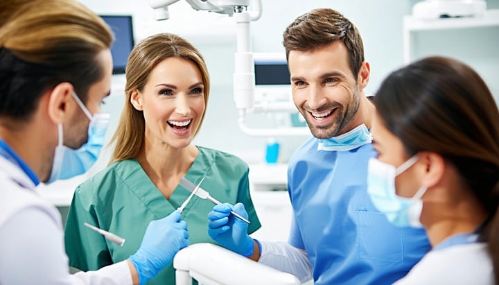dentists talking to each other in an office you can see their faces and they are all smiling-1