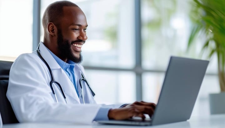 image of a smiling person using a laptop in a doctors office-1