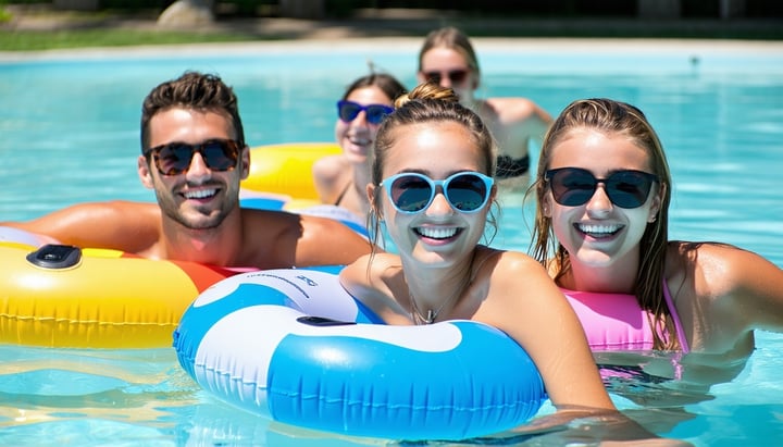 smiling friends in a pool on floating devices all wearing sunglasses-1