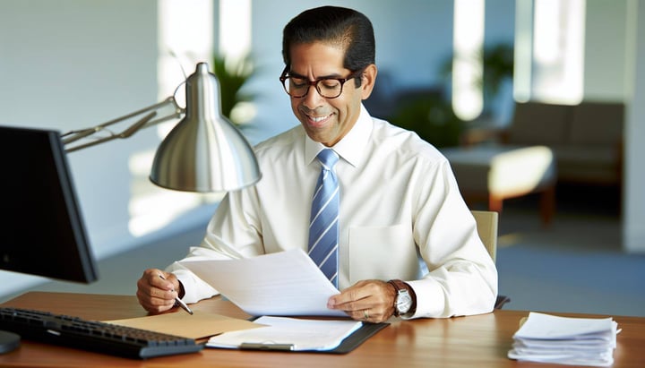 smiling insurance agent reading a script-4