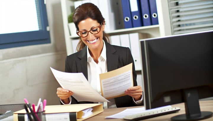 smiling insurance broker looking over paperwork-2