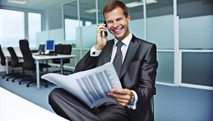 smiling insurance broker reading a script and holding a phone-2