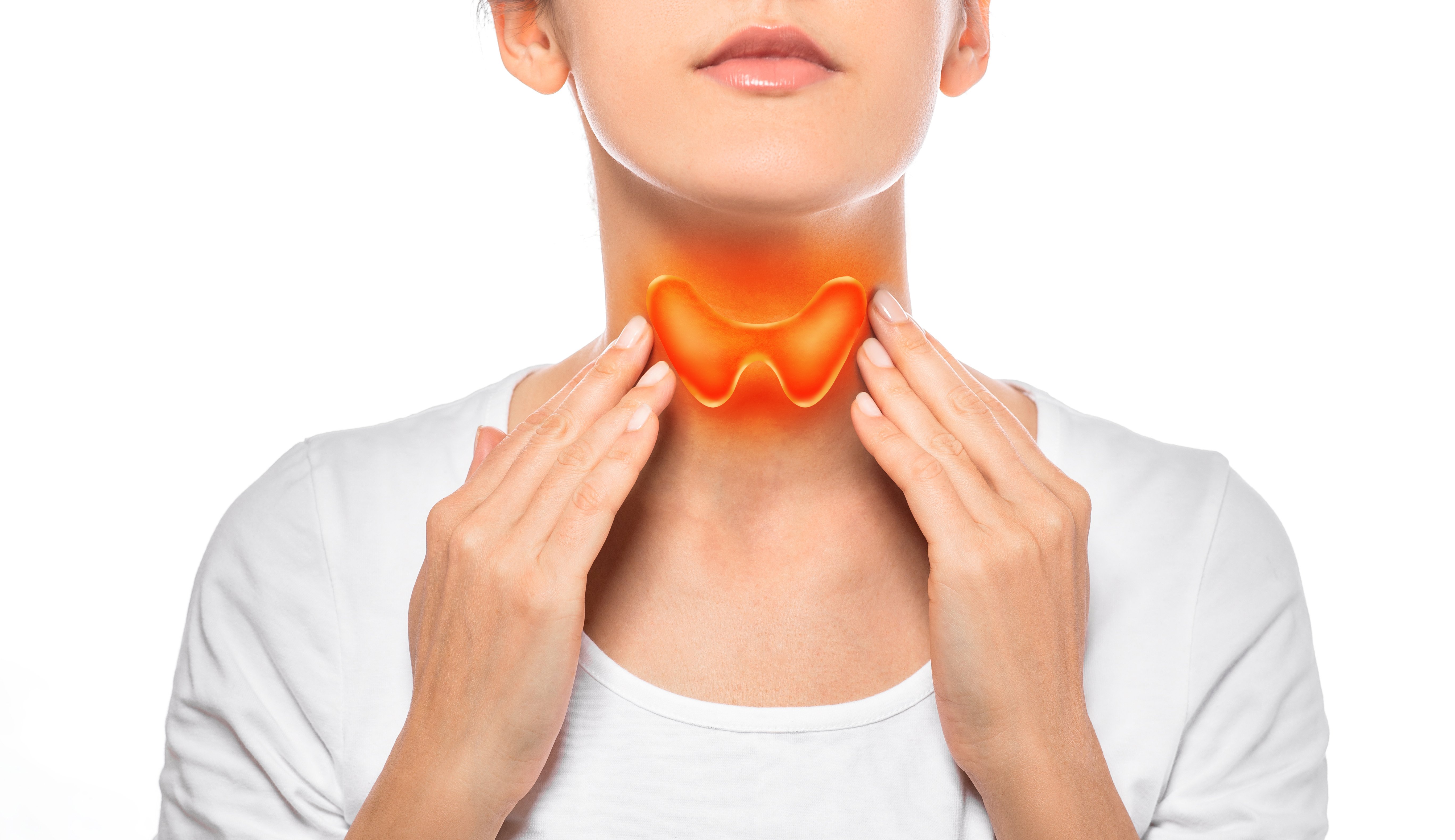 Woman showing painted thyroid gland on her neck. Enlarged butterfly-shaped thyroid gland, isolated on white background 