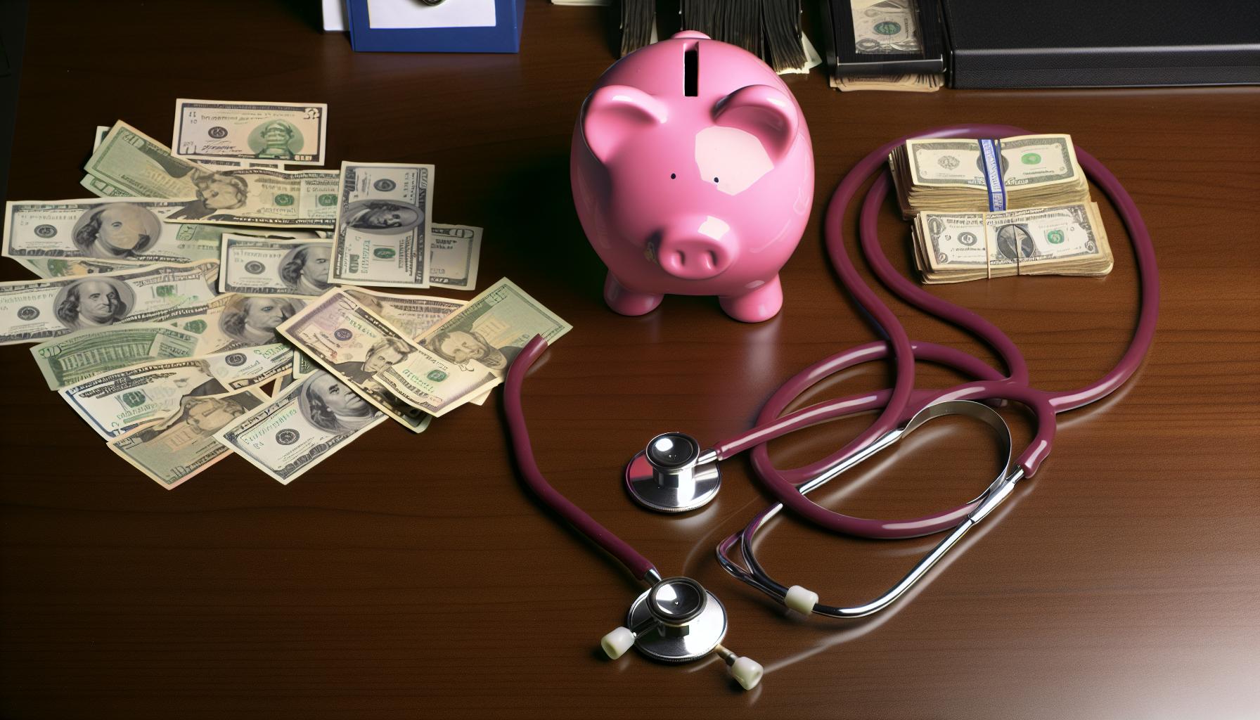 A desk covered in money, a piggybank and a stethoscope