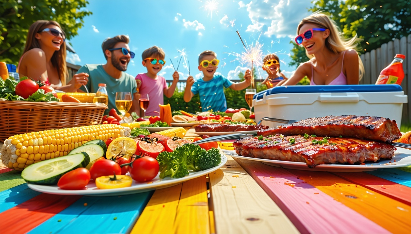 a happy family having a backyard bbq while holding sparklers