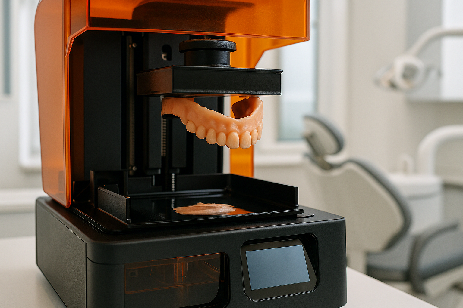 a closeup of a dental 3d printer creating dentures