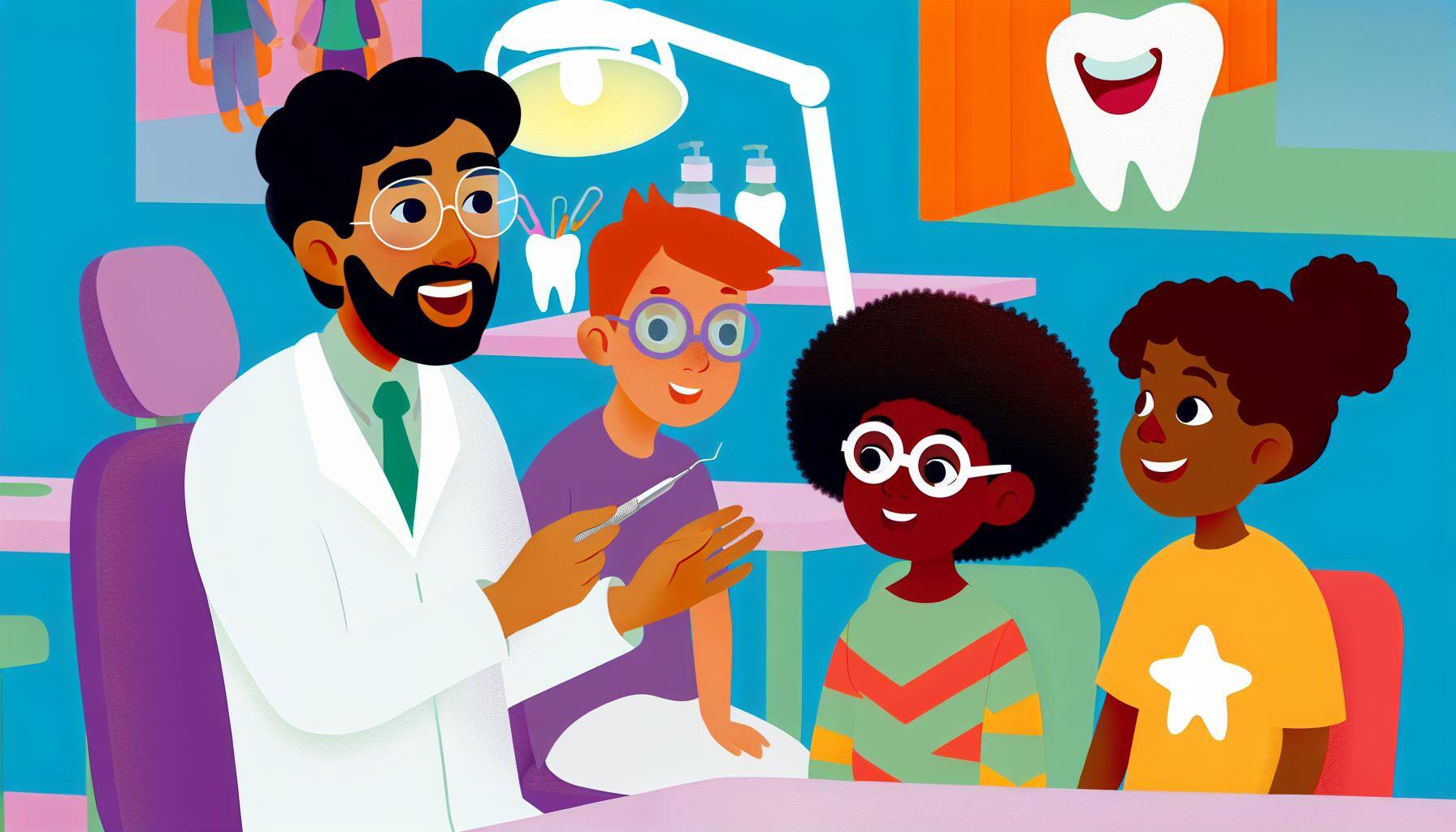 A dentist talking to a group of children about oral health