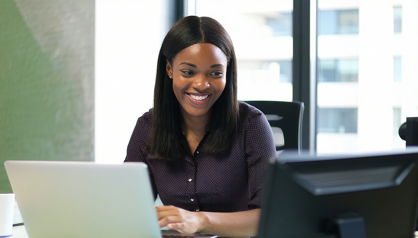 A smiling office worker using a laptop
