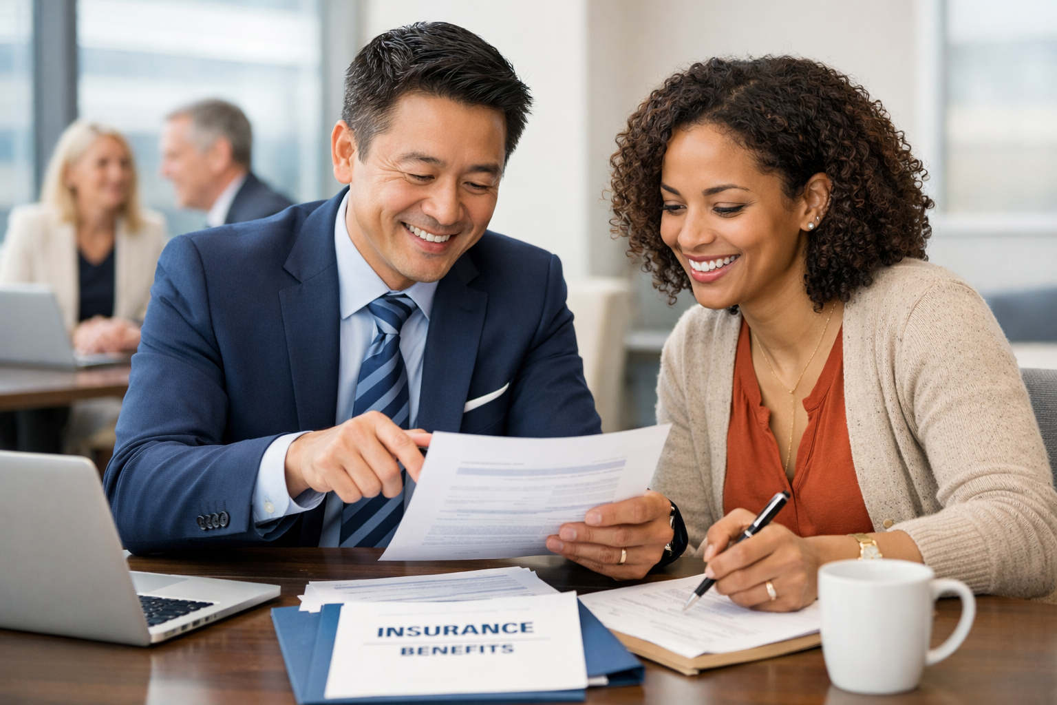 Smiling insurance broker sitting at a desk with a smiling client looking over benefits