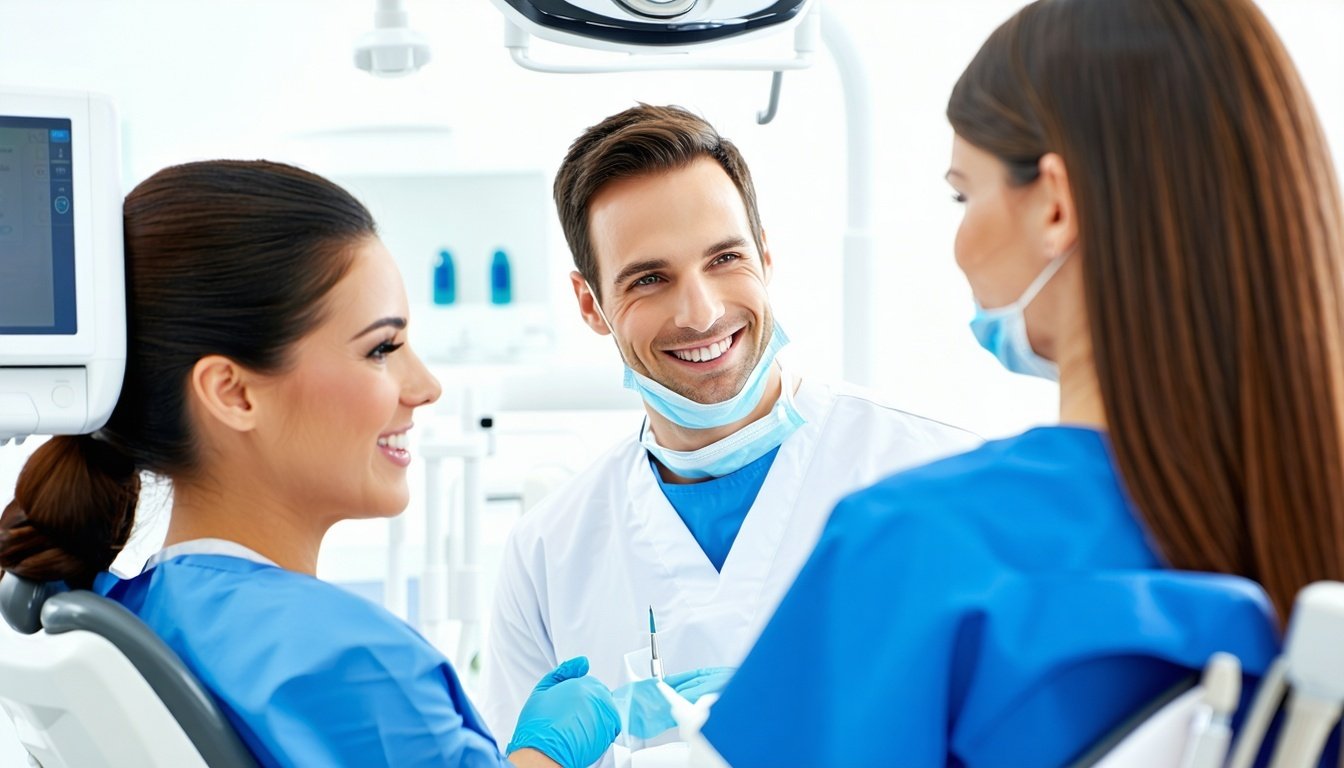 a dental assistant and a dentist talking to a patient
