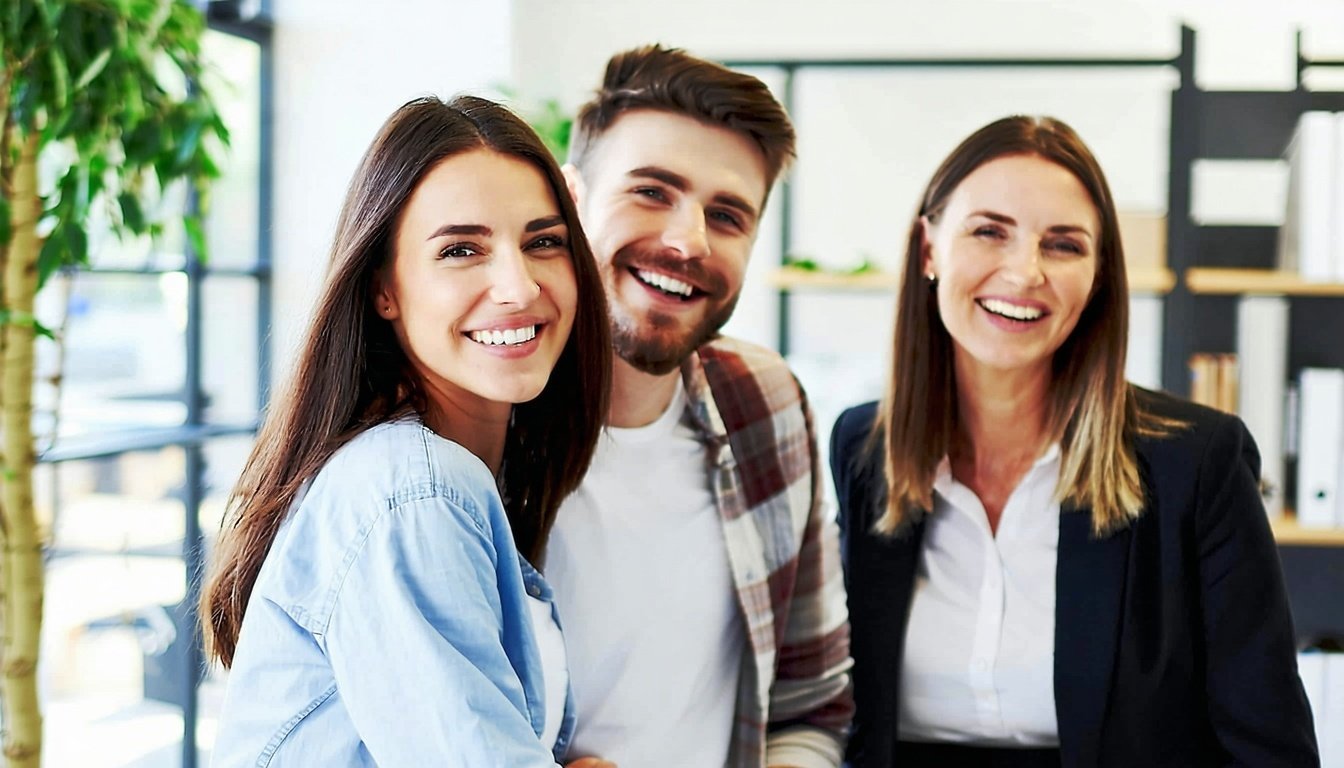 Happy employees smiling in an office