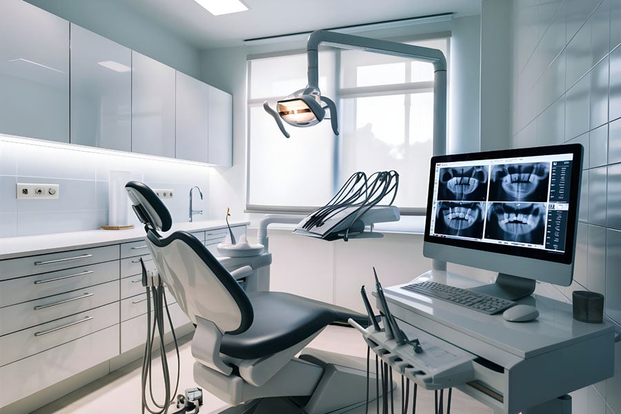 A dental exam room with a computer showing mouth X-rays