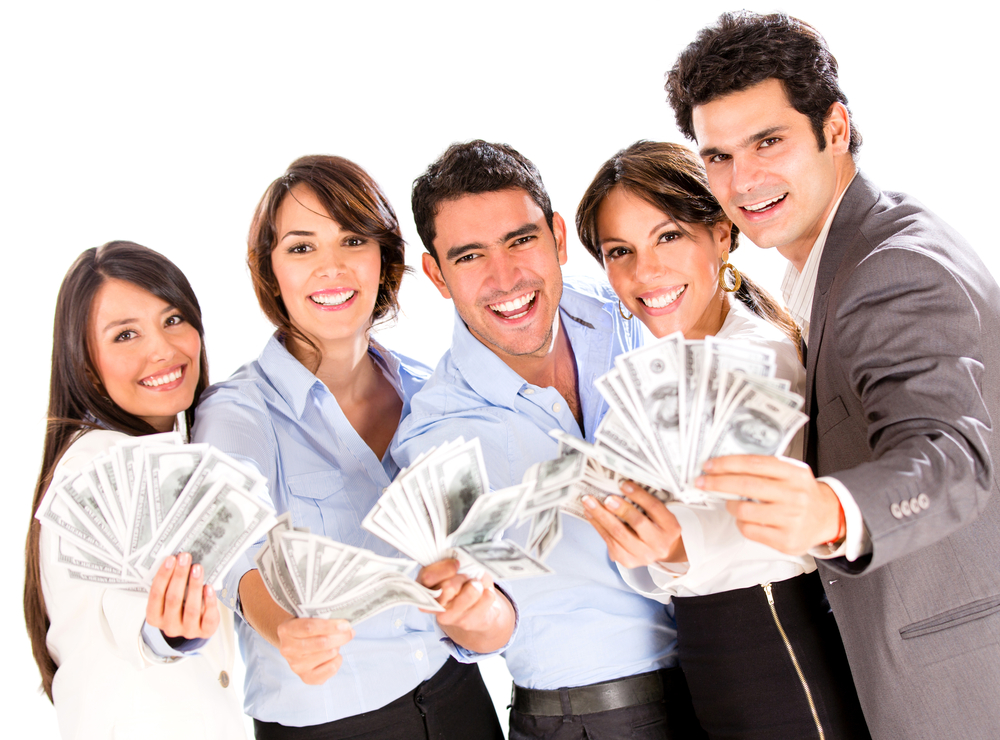 Group of businesspeople smiling with money